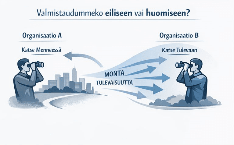 Valmistaudummeko tulevaisuuteen eilisen ehdoilla? Onko organisaatiolla katse mennessä vai tulevaisuuksissa?
