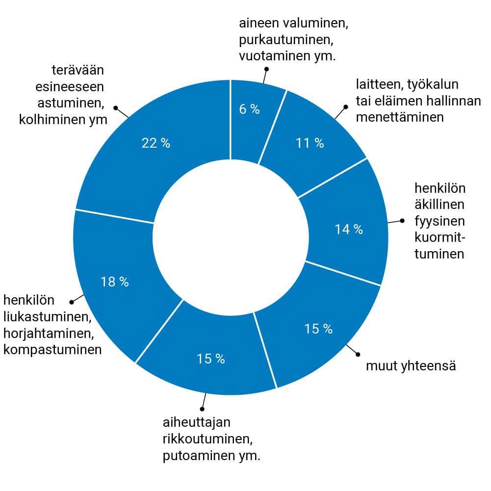 Vuoden 2024 työpaikkatapaturmista yleisimmät poikkeamat olivat esineisiin osuminen ja  liukastuminen, horjahtaminen tai 